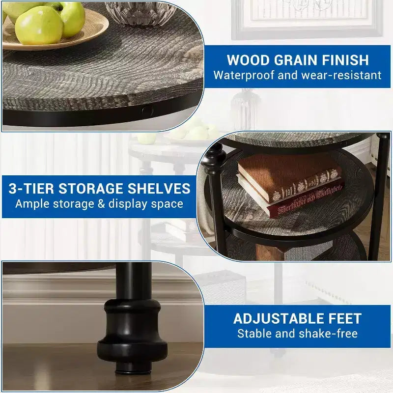 Table d'appoint ronde à 3 niveaux Acekool avec cadre en acier, table de chevet multi-niveaux pour chambre et salon