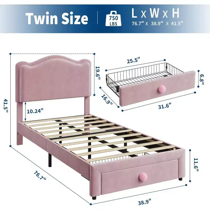 Cadre de lit double rembourré avec tiroir de rangement et tête de lit festonnée, sommier tapissier princesse pour enfants filles, support à lattes en bois