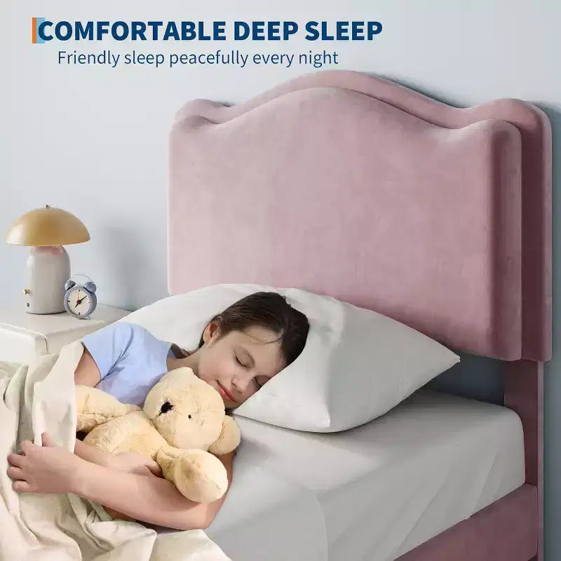 Cadre de lit double rembourré avec tiroir de rangement et tête de lit festonnée, sommier tapissier princesse pour enfants filles, support à lattes en bois