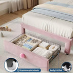 Cadre de lit double rembourré avec tiroir de rangement et tête de lit festonnée, sommier tapissier princesse pour enfants filles, support à lattes en bois