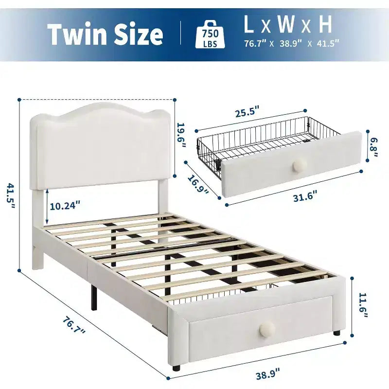 Cadre de lit double rembourré avec tiroir de rangement et tête de lit festonnée, sommier tapissier princesse pour enfants filles, support à lattes en bois