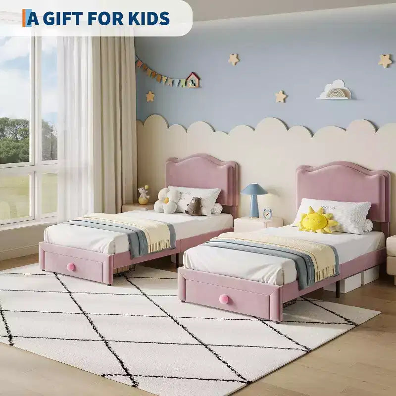 Cadre de lit double rembourré avec tiroir de rangement et tête de lit festonnée, sommier tapissier princesse pour enfants filles, support à lattes en bois