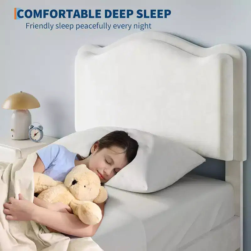Cadre de lit double rembourré avec tiroir de rangement et tête de lit festonnée, sommier tapissier princesse pour enfants filles, support à lattes en bois