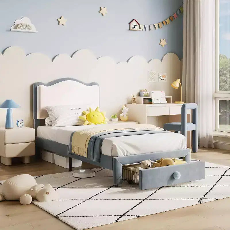 Cadre de lit double rembourré avec tiroir de rangement et tête de lit festonnée, sommier tapissier princesse pour enfants filles, support à lattes en bois