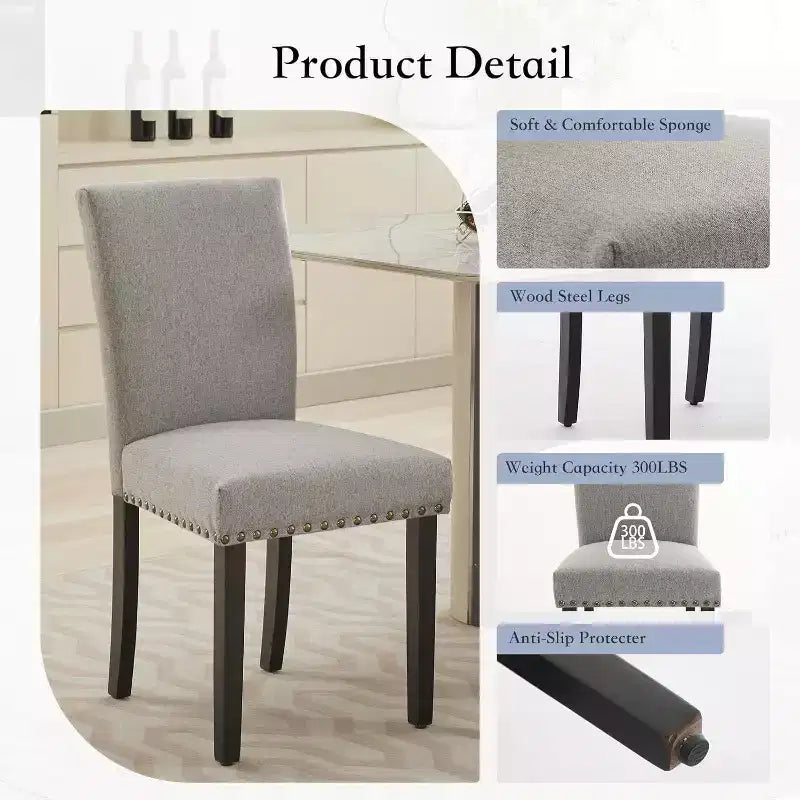 Acekool Lot de 2 chaises de salle à manger rembourrées, avec garniture cloutée, pieds en bois robustes, chaises d'appoint en tissu pour salle à manger et cuisine