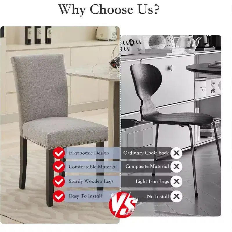 Acekool Lot de 2 chaises de salle à manger rembourrées, avec garniture cloutée, pieds en bois robustes, chaises d'appoint en tissu pour salle à manger et cuisine