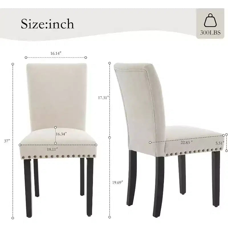 Acekool Lot de 2 chaises de salle à manger rembourrées, avec garniture cloutée, pieds en bois robustes, chaises d'appoint en tissu pour salle à manger et cuisine