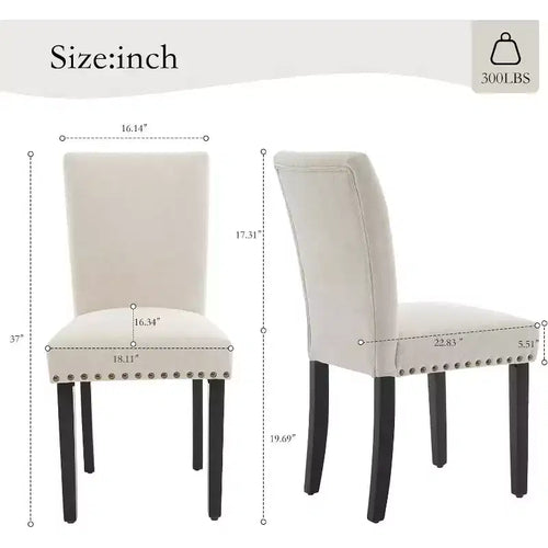 Acekool Lot de 2 chaises de salle à manger rembourrées, avec garniture cloutée, pieds en bois robustes, chaises d'appoint en tissu pour salle à manger et cuisine