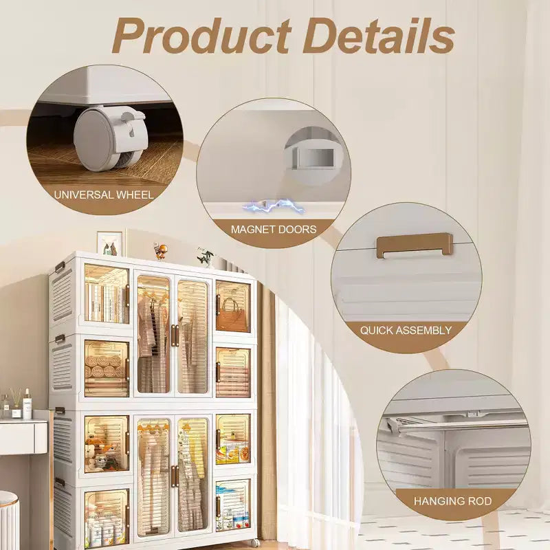 Armoire de rangement portable CLIHOME pour vêtements, commode, meuble de rangement avec 12 portes magnétiques – 12 cubes et 2 tringles de suspension