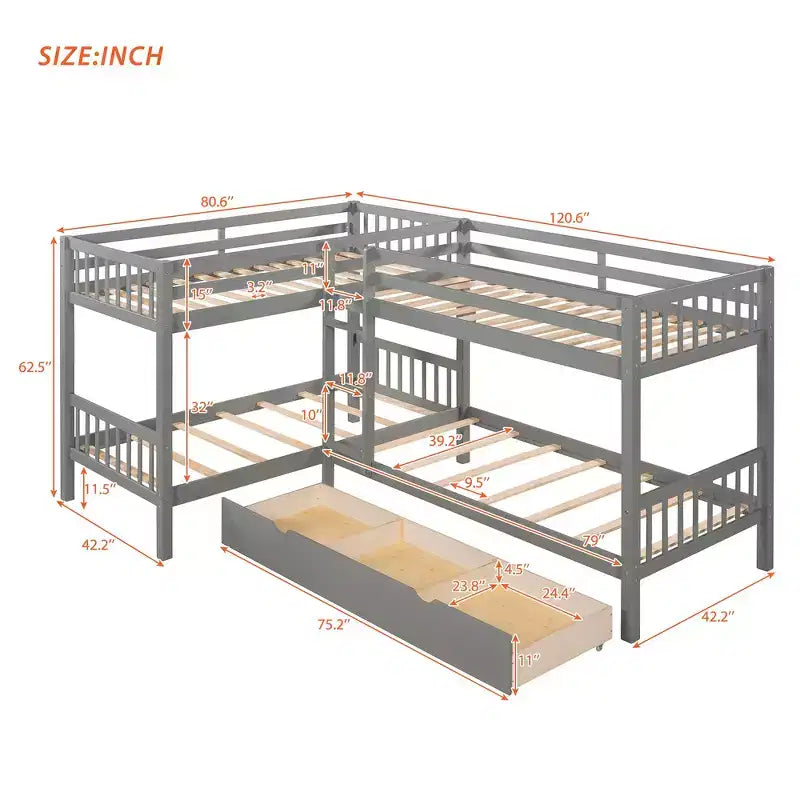 Lit superposé en L Whisen pour 4 personnes avec tiroirs (taille simple)