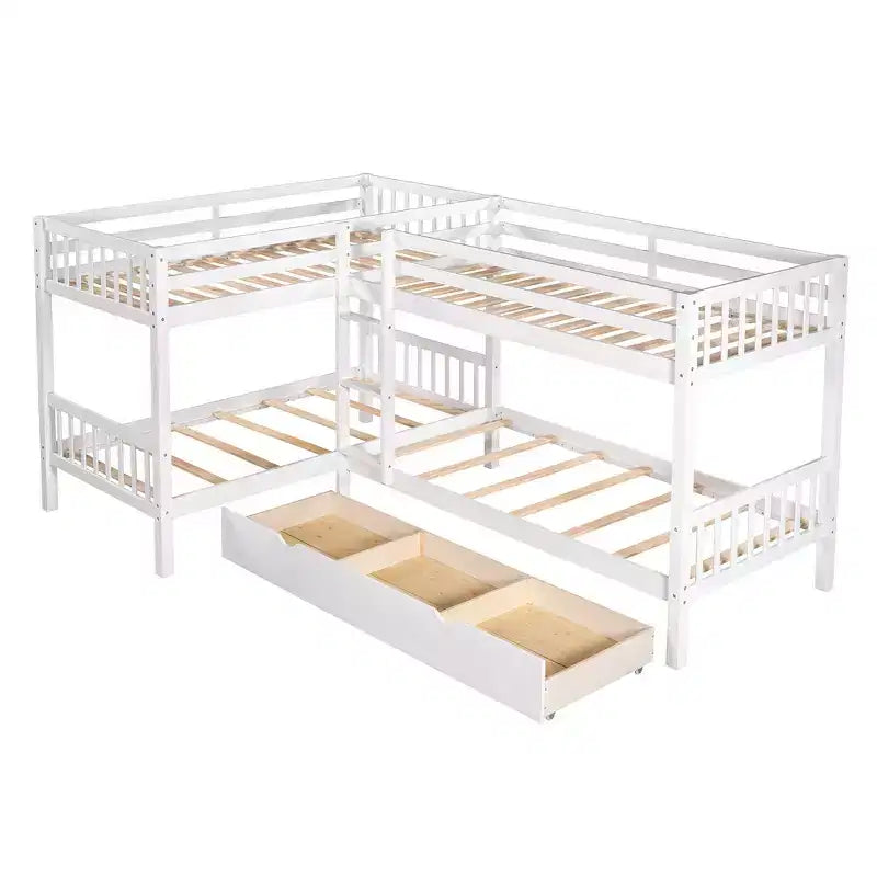 Lit superposé en L Whisen pour 4 personnes avec tiroirs (taille simple)