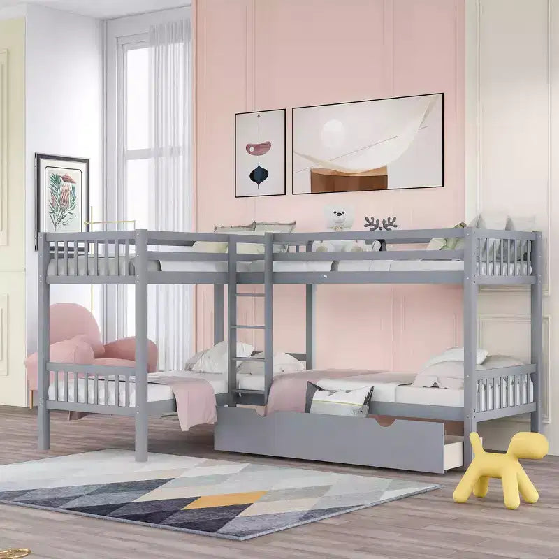 Lit superposé en L Whisen pour 4 personnes avec tiroirs (taille simple)
