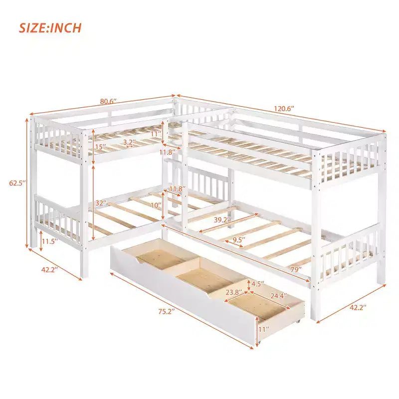 Lit superposé en L Whisen pour 4 personnes avec tiroirs (taille simple)