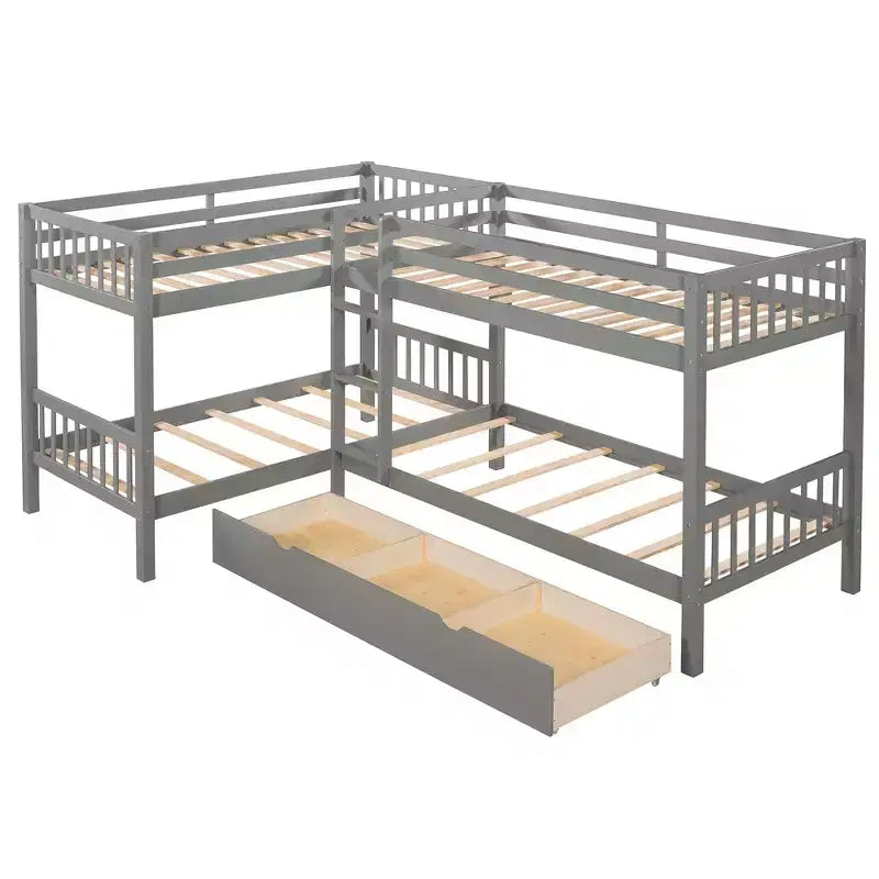 Lit superposé en L Whisen pour 4 personnes avec tiroirs (taille simple)