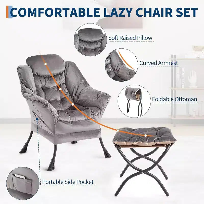 Acekool Ensemble de 2 fauteuils de relaxation avec ottoman – Fauteuil moderne avec pochette latérale, dossier et repose-pieds de soutien