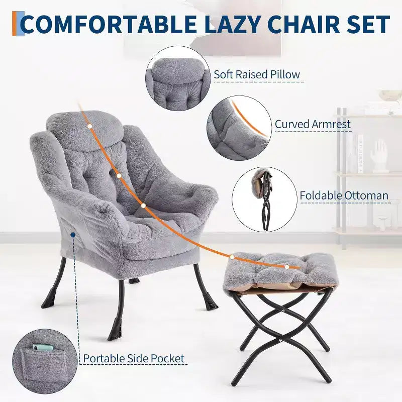Acekool Ensemble de 2 fauteuils de relaxation avec ottoman – Fauteuil moderne avec pochette latérale, dossier et repose-pieds de soutien