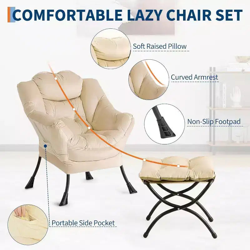 Acekool Ensemble de 2 fauteuils de relaxation avec ottoman – Fauteuil moderne avec pochette latérale, dossier et repose-pieds de soutien