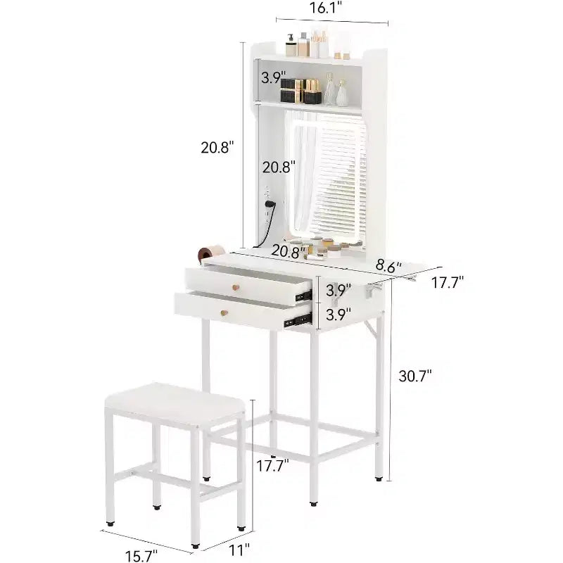 Coiffeuse Acekool Mini avec Miroir Lumineux, Panneau Latéral Pliable, Support pour Sèche-Cheveux, 2 Tiroirs, Table de Maquillage Compacte pour Petits Espaces