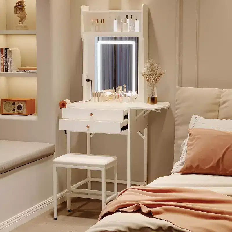 Coiffeuse Acekool Mini avec Miroir Lumineux, Panneau Latéral Pliable, Support pour Sèche-Cheveux, 2 Tiroirs, Table de Maquillage Compacte pour Petits Espaces
