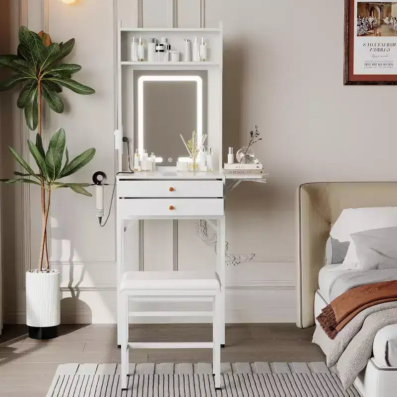 Coiffeuse Acekool Mini avec Miroir Lumineux, Panneau Latéral Pliable, Support pour Sèche-Cheveux, 2 Tiroirs, Table de Maquillage Compacte pour Petits Espaces