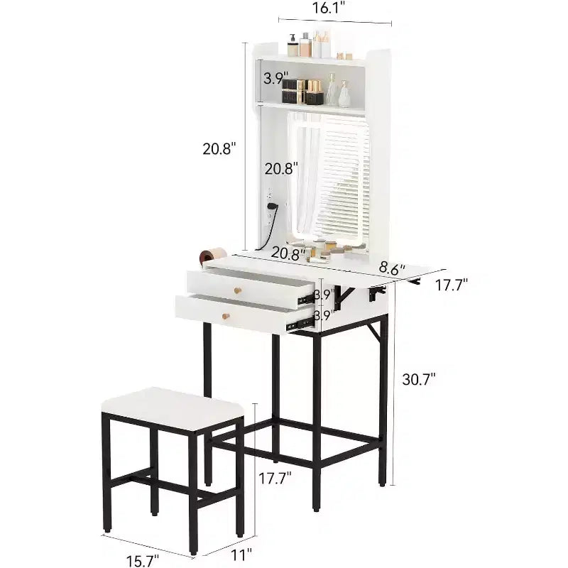 Coiffeuse Acekool Mini avec Miroir Lumineux, Panneau Latéral Pliable, Support pour Sèche-Cheveux, 2 Tiroirs, Table de Maquillage Compacte pour Petits Espaces