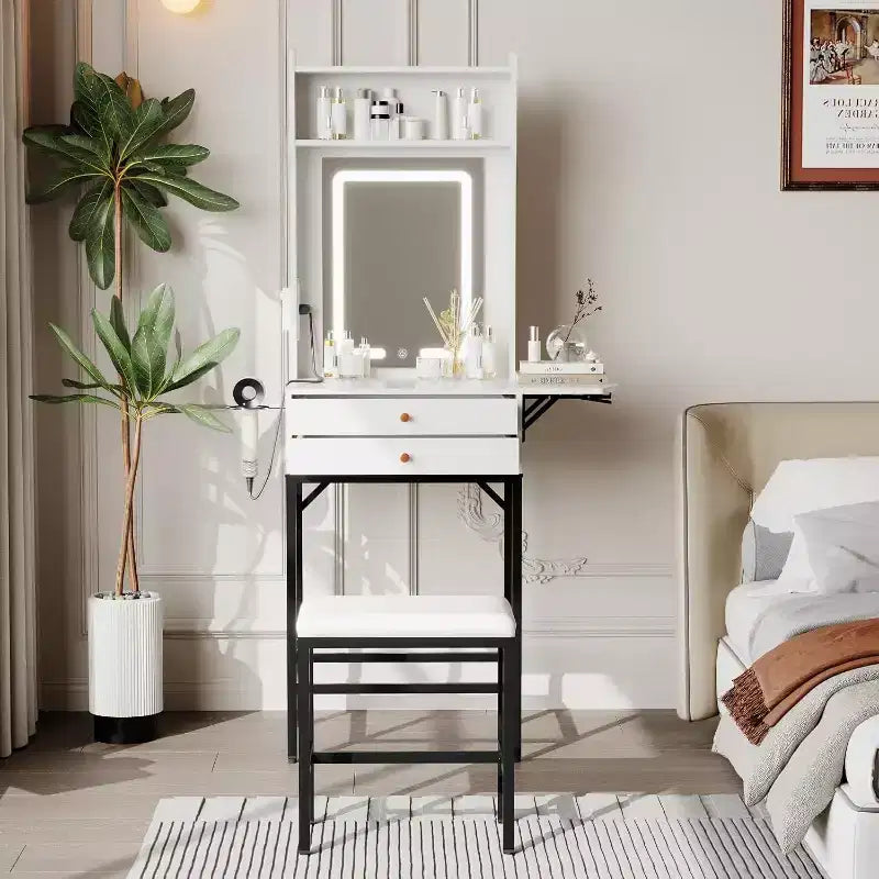 Coiffeuse Acekool Mini avec Miroir Lumineux, Panneau Latéral Pliable, Support pour Sèche-Cheveux, 2 Tiroirs, Table de Maquillage Compacte pour Petits Espaces