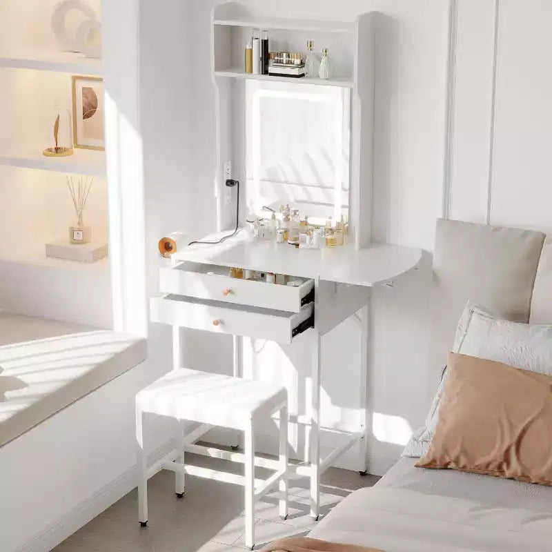 Coiffeuse Acekool Mini avec Miroir Lumineux, Panneau Latéral Pliable, Support pour Sèche-Cheveux, 2 Tiroirs, Table de Maquillage Compacte pour Petits Espaces