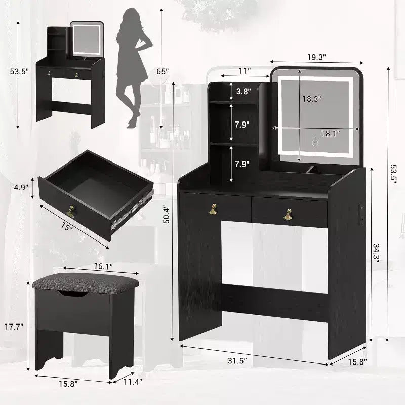 Coiffeuse Acekool avec miroir LED, station de charge, 2 tiroirs, tabouret de rangement, éclairage 3 couleurs, petite table de maquillage, blanc noir