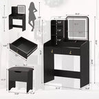 Coiffeuse Acekool avec miroir LED, station de charge, 2 tiroirs, tabouret de rangement, éclairage 3 couleurs, petite table de maquillage, blanc noir