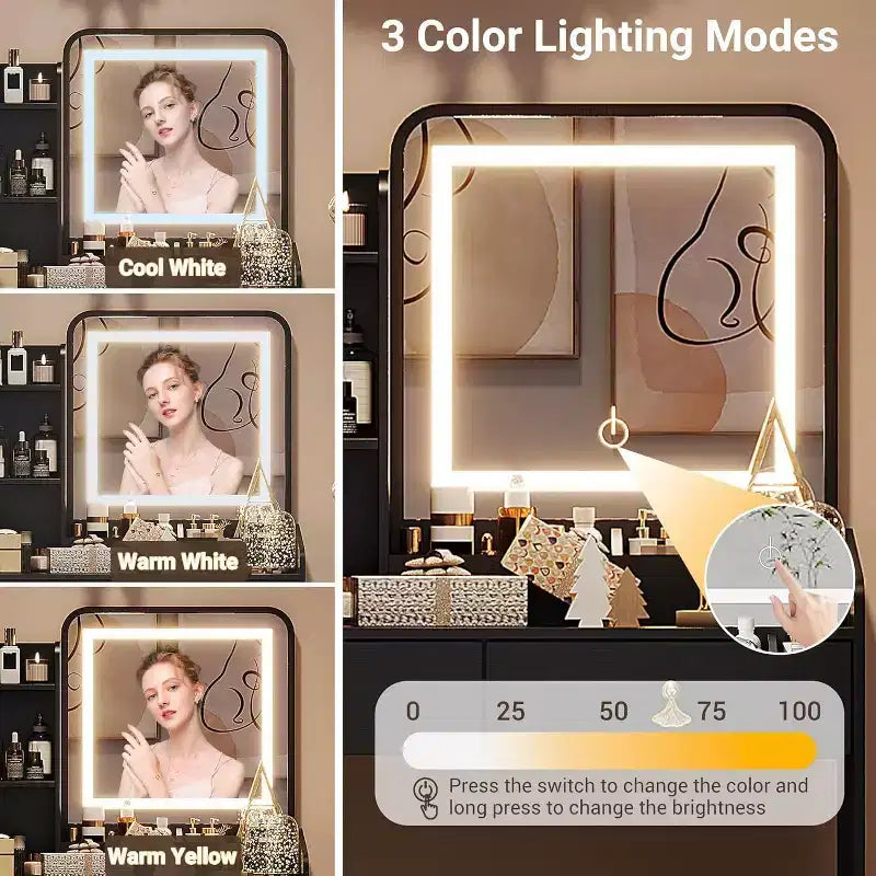 Coiffeuse Acekool avec miroir LED, station de charge, 2 tiroirs, tabouret de rangement, éclairage 3 couleurs, petite table de maquillage, blanc noir