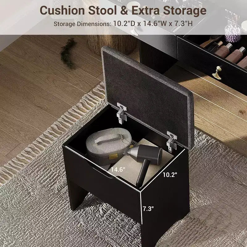 Coiffeuse Acekool avec miroir LED, station de charge, 2 tiroirs, tabouret de rangement, éclairage 3 couleurs, petite table de maquillage, blanc noir