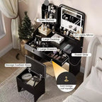 Coiffeuse Acekool avec miroir LED, station de charge, 2 tiroirs, tabouret de rangement, éclairage 3 couleurs, petite table de maquillage, blanc noir