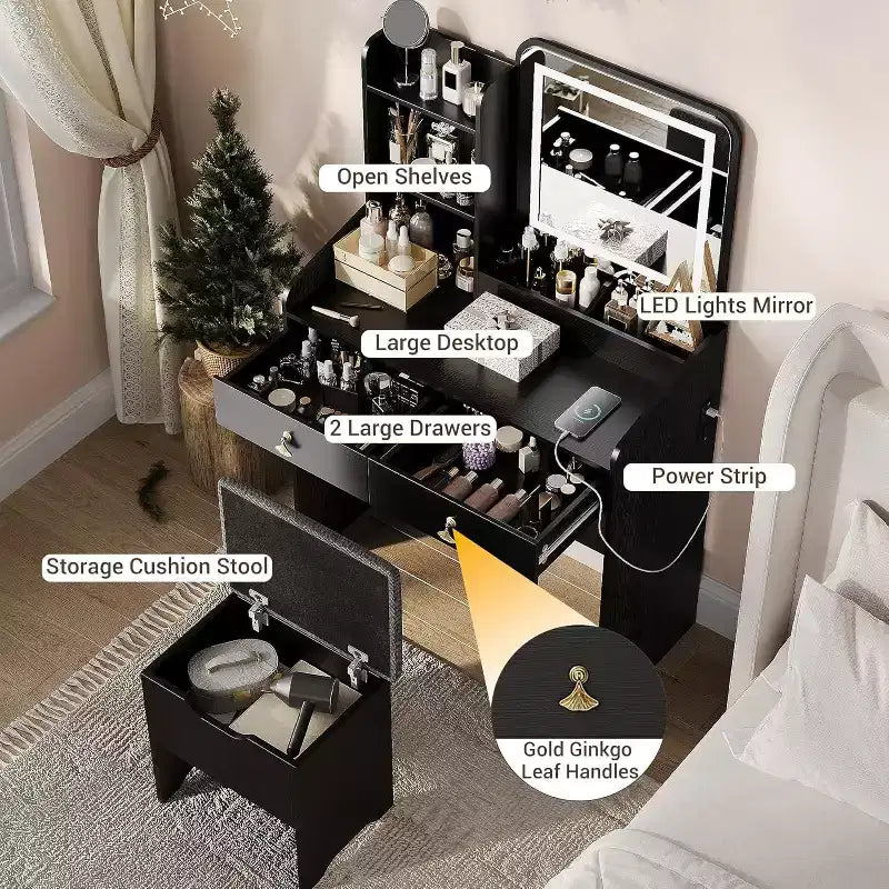 Coiffeuse Acekool avec miroir LED, station de charge, 2 tiroirs, tabouret de rangement, éclairage 3 couleurs, petite table de maquillage, blanc noir