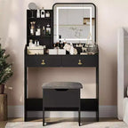 Coiffeuse Acekool avec miroir LED, station de charge, 2 tiroirs, tabouret de rangement, éclairage 3 couleurs, petite table de maquillage, blanc noir
