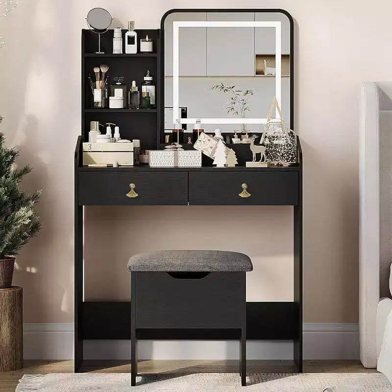Coiffeuse Acekool avec miroir LED, station de charge, 2 tiroirs, tabouret de rangement, éclairage 3 couleurs, petite table de maquillage, blanc noir