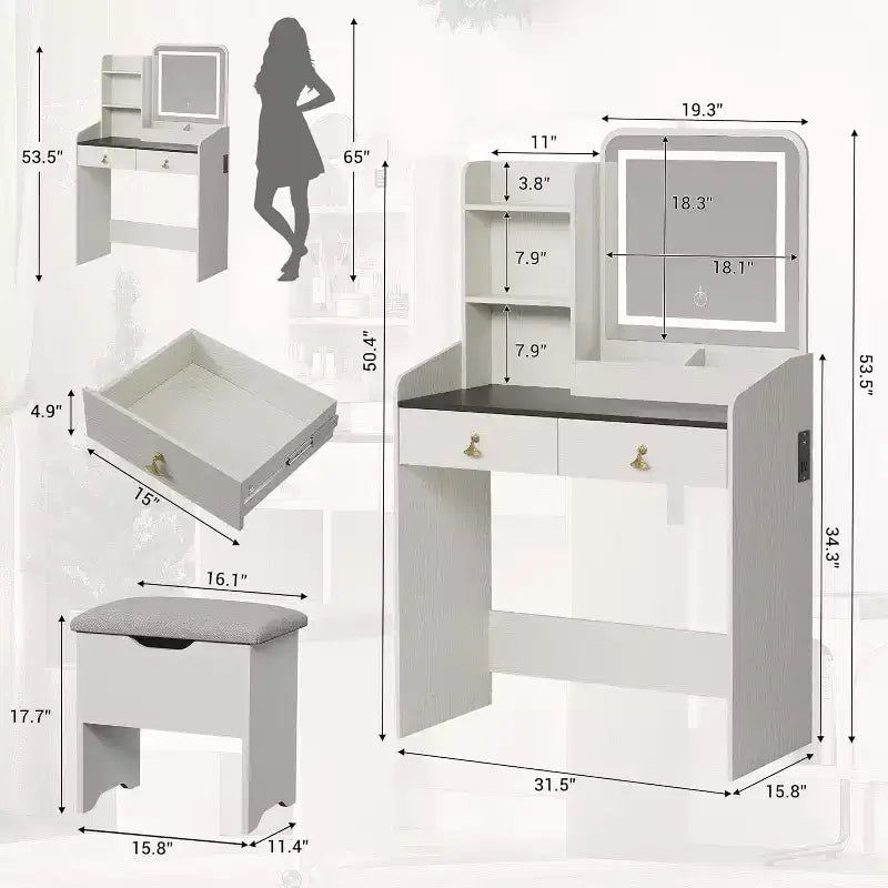 Coiffeuse Acekool avec miroir LED, station de charge, 2 tiroirs, tabouret de rangement, éclairage 3 couleurs, petite table de maquillage, blanc noir