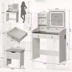 Coiffeuse Acekool avec miroir LED, station de charge, 2 tiroirs, tabouret de rangement, éclairage 3 couleurs, petite table de maquillage, blanc noir