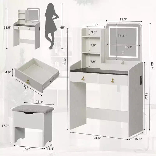 Coiffeuse Acekool avec miroir LED, station de charge, 2 tiroirs, tabouret de rangement, éclairage 3 couleurs, petite table de maquillage, blanc noir