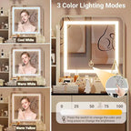 Coiffeuse Acekool avec miroir LED, station de charge, 2 tiroirs, tabouret de rangement, éclairage 3 couleurs, petite table de maquillage, blanc noir