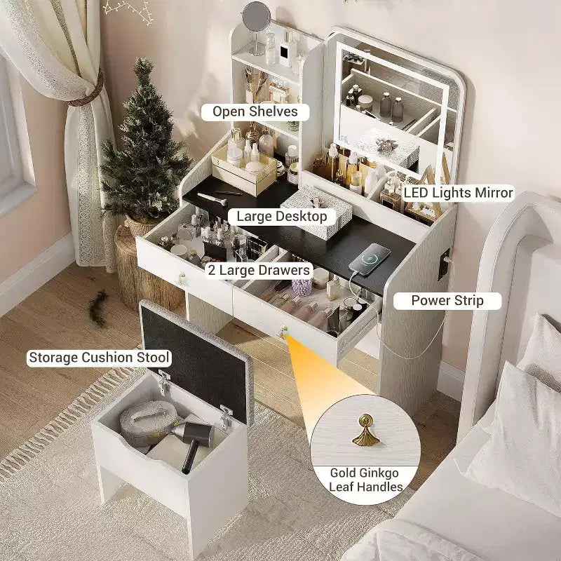Coiffeuse Acekool avec miroir LED, station de charge, 2 tiroirs, tabouret de rangement, éclairage 3 couleurs, petite table de maquillage, blanc noir