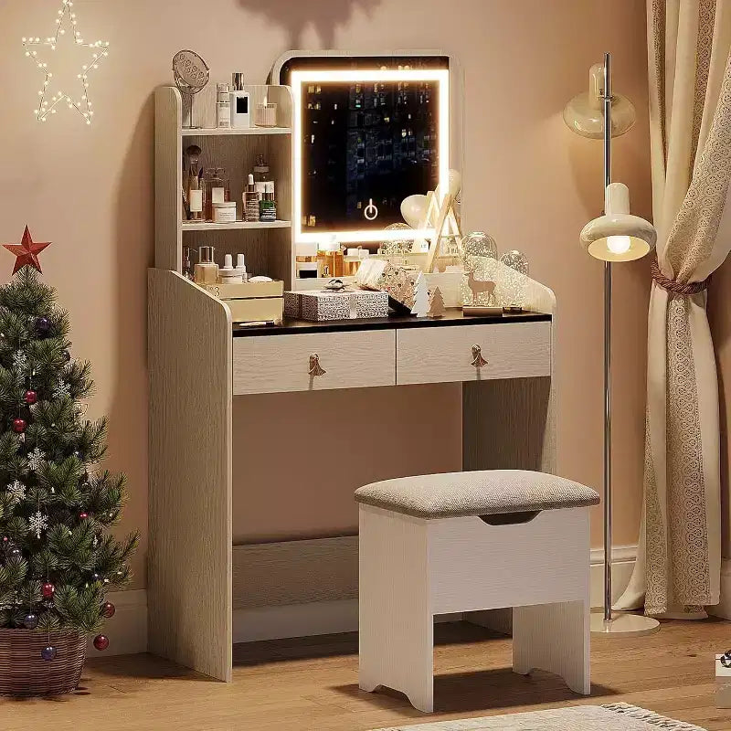 Coiffeuse Acekool avec miroir LED, station de charge, 2 tiroirs, tabouret de rangement, éclairage 3 couleurs, petite table de maquillage, blanc noir