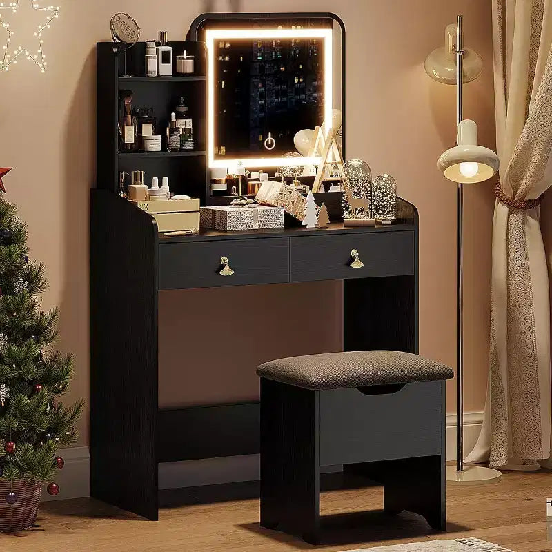 Coiffeuse Acekool avec miroir LED, station de charge, 2 tiroirs, tabouret de rangement, éclairage 3 couleurs, petite table de maquillage, blanc noir