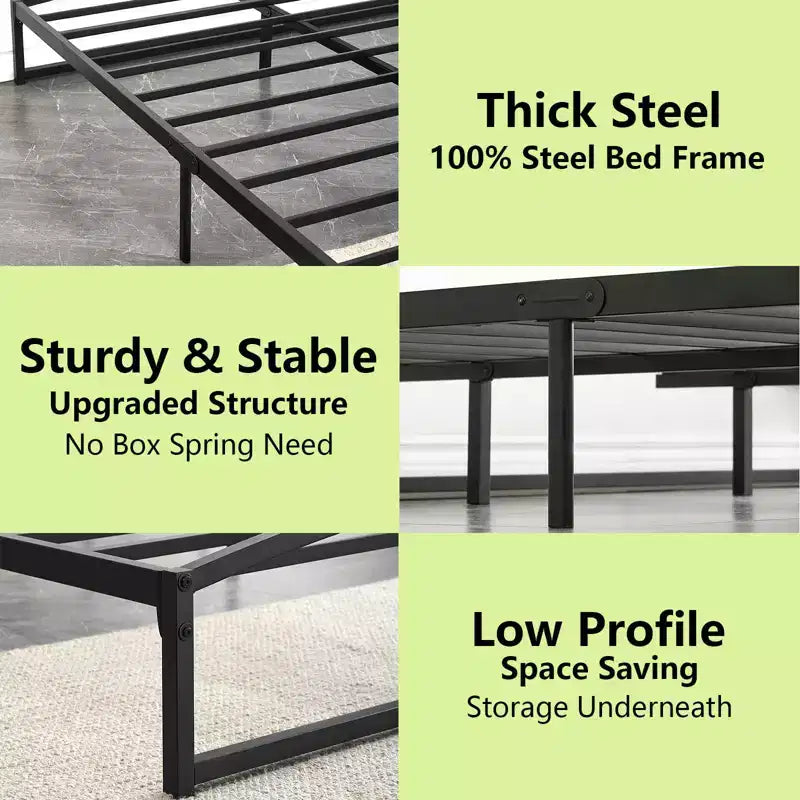 Cadre de lit bas, cadre de lit plateforme en métal California King size de 15 cm avec design en arche, cadre de lit robuste, pas besoin de sommier tapissier, noir