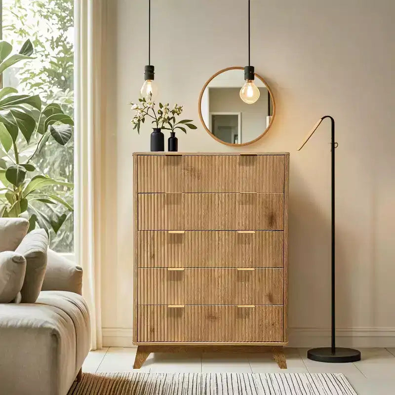 Commode en bois, commode à 5 tiroirs à panneaux cannelés ondulés, commodes modernes pour le rangement des vêtements, pour salon, chambre d'enfants
