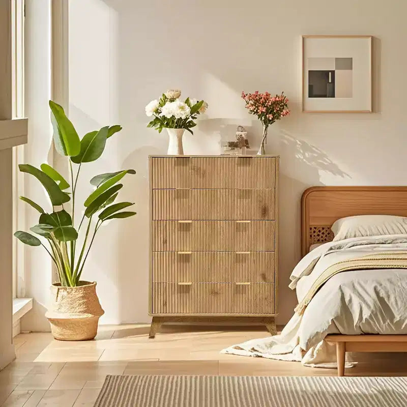 Commode en bois, commode à 5 tiroirs à panneaux cannelés ondulés, commodes modernes pour le rangement des vêtements, pour salon, chambre d'enfants