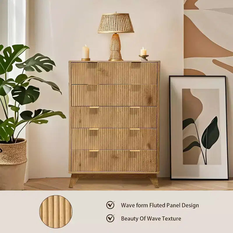 Commode en bois, commode à 5 tiroirs à panneaux cannelés ondulés, commodes modernes pour le rangement des vêtements, pour salon, chambre d'enfants