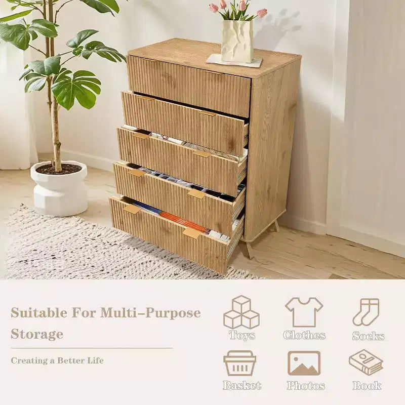 Commode en bois, commode à 5 tiroirs à panneaux cannelés ondulés, commodes modernes pour le rangement des vêtements, pour salon, chambre d'enfants