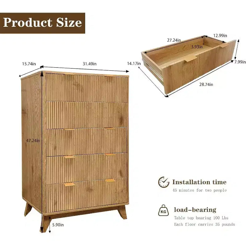 Commode en bois, commode à 5 tiroirs à panneaux cannelés ondulés, commodes modernes pour le rangement des vêtements, pour salon, chambre d'enfants