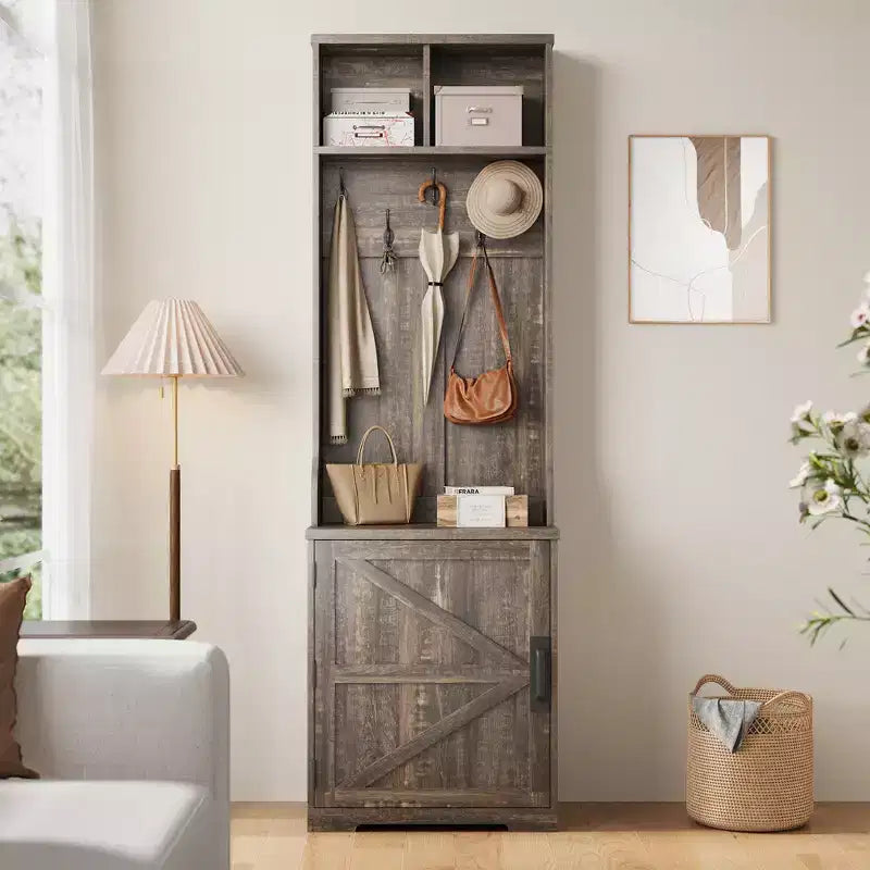 Portemanteau d'entrée Garvee Farmhouse 3-en-1 avec banc de rangement à chaussures et 6 crochets, banc de vestiaire avec rangement et crochets, porte-manteau sur pied pour entrée et chambre