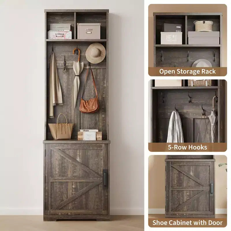 Portemanteau d'entrée Garvee Farmhouse 3-en-1 avec banc de rangement à chaussures et 6 crochets, banc de vestiaire avec rangement et crochets, porte-manteau sur pied pour entrée et chambre